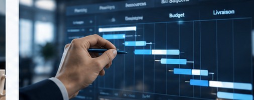 Project management schedule and milestones on a screen